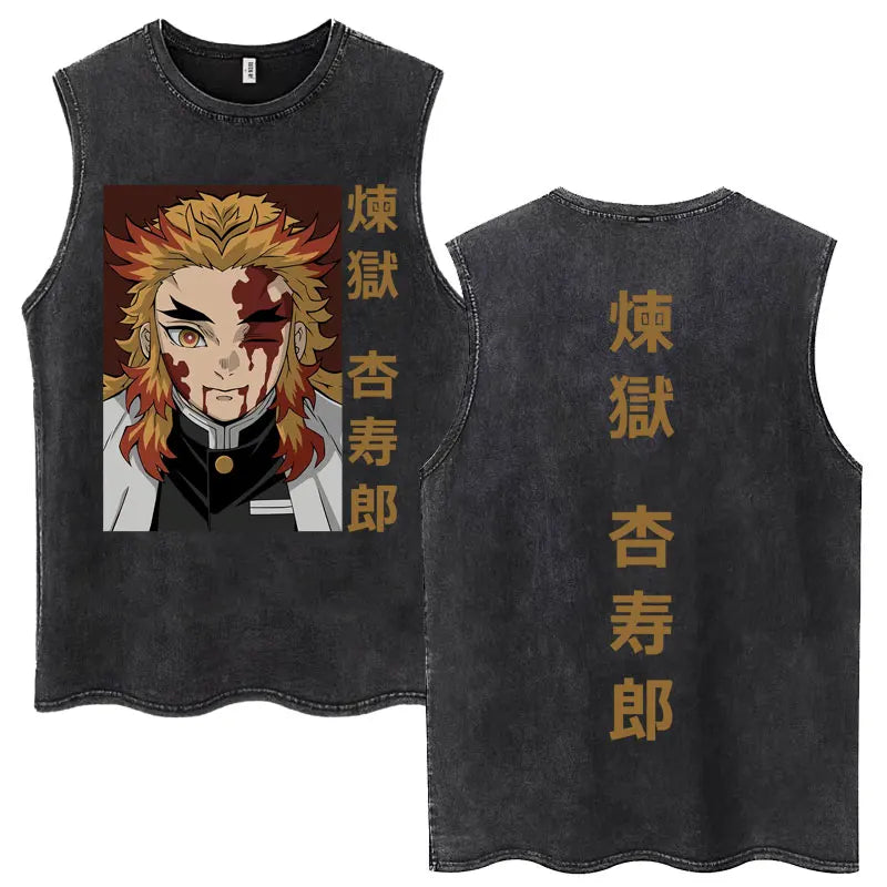 Washed Anime Demon Slayer Hashibira Inosuke Mask Face Tank Tops Men Women Vintage Fashion Cotton Sleeveless T Shirts Streetwear
