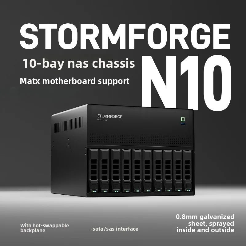 N10 NAS Case - 10+2 Bay Hot Swap, Supports MATX Board & 1U PSU, 4 PCI-E Slots, Aluminum Chassis for Storage