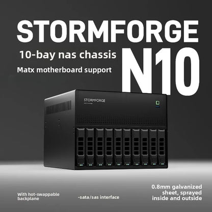 N10 NAS Case - 10+2 Bay Hot Swap, Supports MATX Board & 1U PSU, 4 PCI-E Slots, Aluminum Chassis for Storage