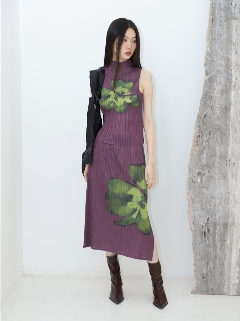CHEERART Pleated Floral Summer Outfits For Women 2023 Purple Long Skirt And Sleeveless Top 2 Piece Set Fashion Designer Clothes