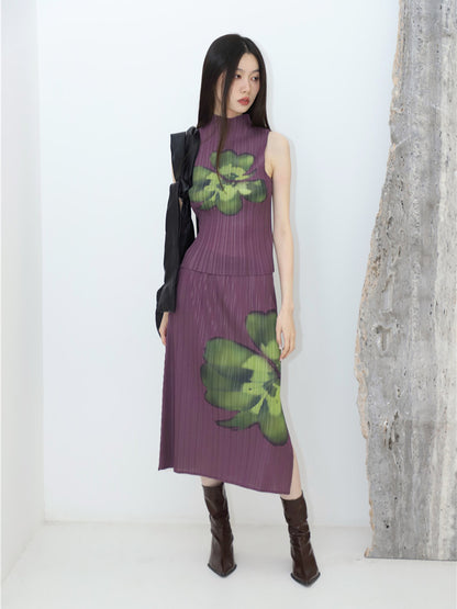 CHEERART Pleated Floral Summer Outfits For Women 2023 Purple Long Skirt And Sleeveless Top 2 Piece Set Fashion Designer Clothes