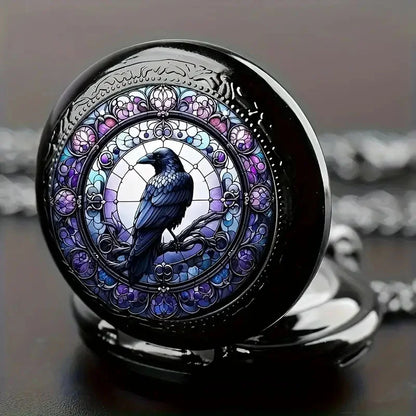 Gothic Design Black Raven Pocket Watch with Necklace Alloy Case & Band,Quartz Movement, Non-Waterproof Watch for Men Women Kids