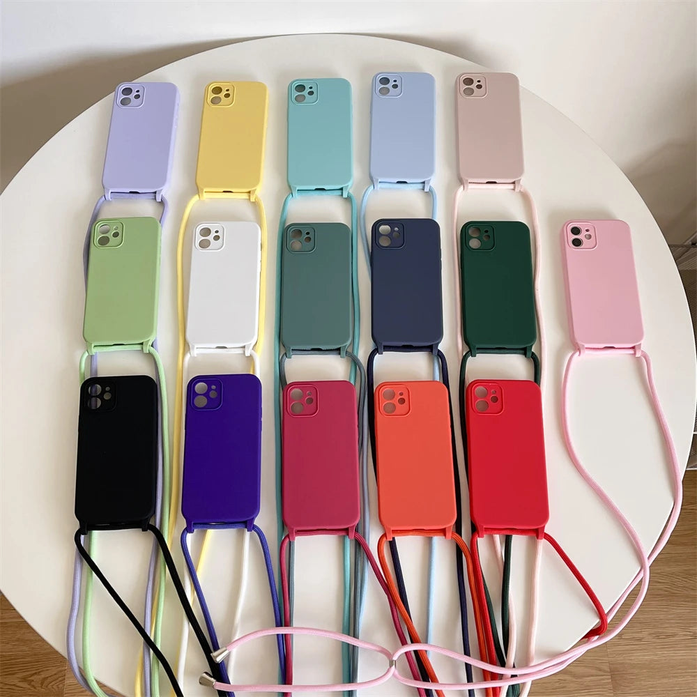 Crossbody Necklace Lanyard Cord Strap Liquid Silicone Case For iPhone 17 16 15 13 11 12 14 Pro Max XS XR X Plus Soft Candy Cover