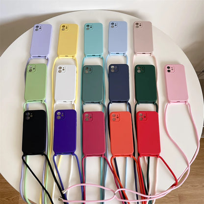 Crossbody Necklace Lanyard Cord Strap Liquid Silicone Case For iPhone 17 16 15 13 11 12 14 Pro Max XS XR X Plus Soft Candy Cover