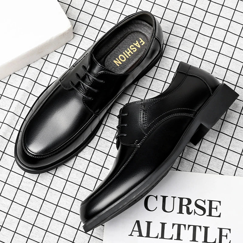 Mens Black Genuine Leather Lace Up Chunky Platform Oxfords Formal Business Office Groom Wedding Daily Wear Shoes Fashion Simple