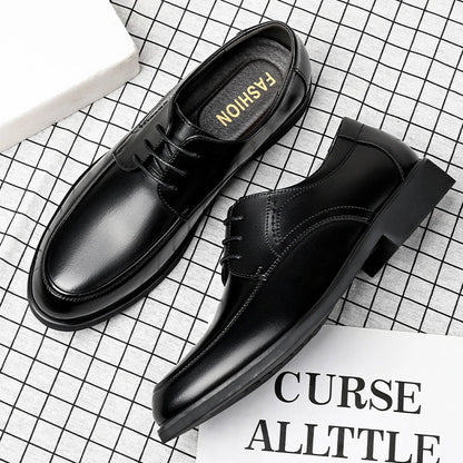 Mens Black Genuine Leather Lace Up Chunky Platform Oxfords Formal Business Office Groom Wedding Daily Wear Shoes Fashion Simple