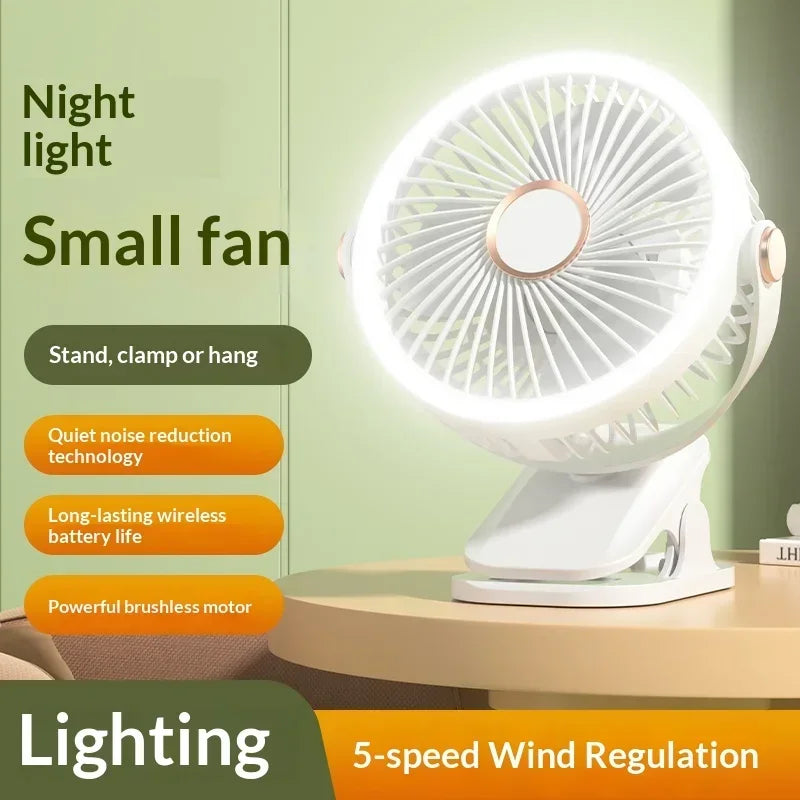 Portable Clip On Fan With LED Light, 720° Rotation Mini USB Rechargeable Fan, 5 Speed Quiet Cooling Fan For Home Office Camping