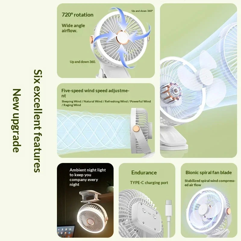 Portable Clip On Fan With LED Light, 720° Rotation Mini USB Rechargeable Fan, 5 Speed Quiet Cooling Fan For Home Office Camping