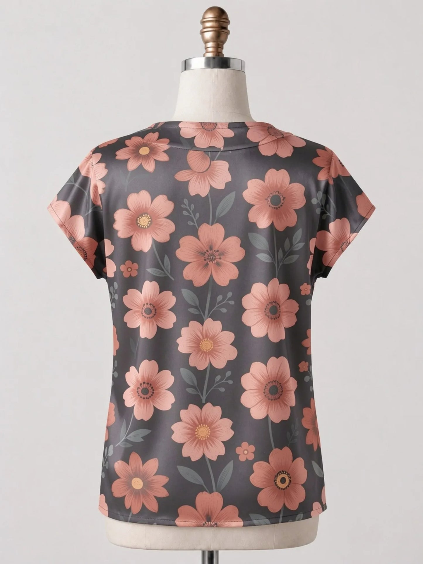 Women's Satin V-neck Tropical Floral Print Short-Sleeve Summer Shirt Casual Street Fashion T-Shirt New Beachwear