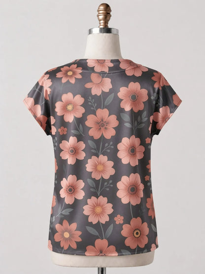 Women's Satin V-neck Tropical Floral Print Short-Sleeve Summer Shirt Casual Street Fashion T-Shirt New Beachwear