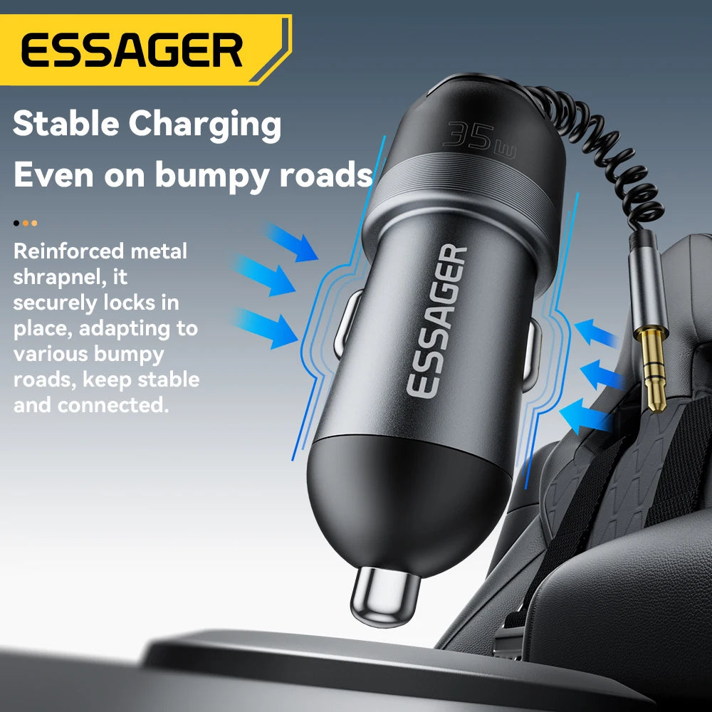 Essager Bluetooth 5.3 Car Charger 3.5mm Jack AUX Cable 35W Fast Charging for iPhone16 15 Huawei Samsung Bluetooth Car Chargers