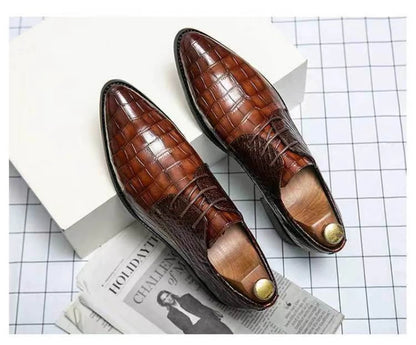 Mens Brown Crocodile Embossed Leather Dress Shoes Pointed Toe Lace Up Oxfords Formal Business Office Wedding Party Wear Comforta