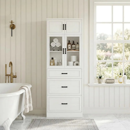 80" Tall Kitchen Pantry Storage Cabinet with Glass Doors, Adjustable Shelves & 3 Drawers, Versatile Tall Storage, Custom