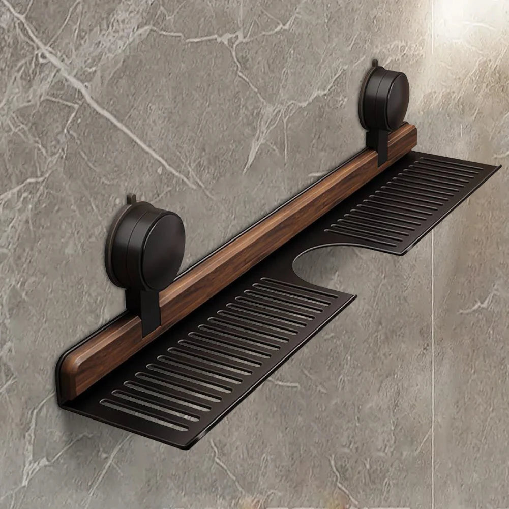 Walnut Suction Cup Bathroom Shelf No Drilling Faucet Organizer Rack Over Faucet Sink Rack Bathroom Accessories