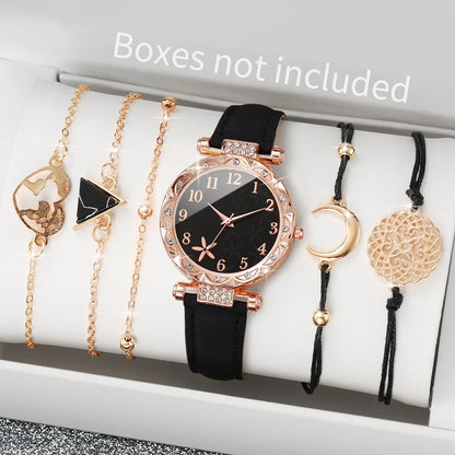 5/6PCS Fashion Rhinestone Women Watches Casual Leather Band Quartz Watch for Women Clock Jewelry Set Reloj Mujer（Without Box）