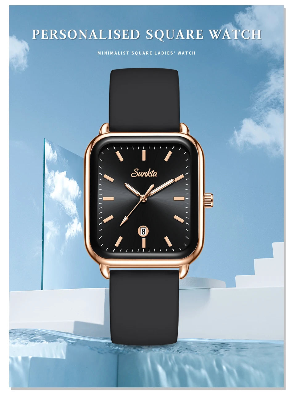 Sunkta Fashion Elegant Woman Watch Square Luxury Retro Silicone Belt Auto Date Casual Waterproof Luminous Quartz Watches for Men
