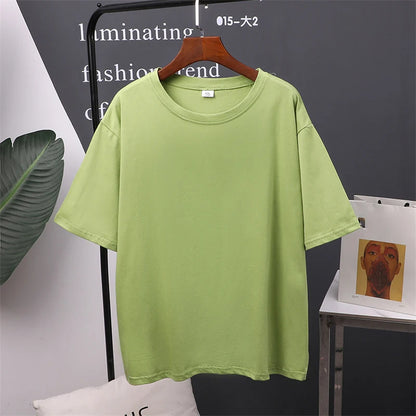 Women Cotton T-Shirt Summer Oversized Solid Tees Candy Color Loose Tops