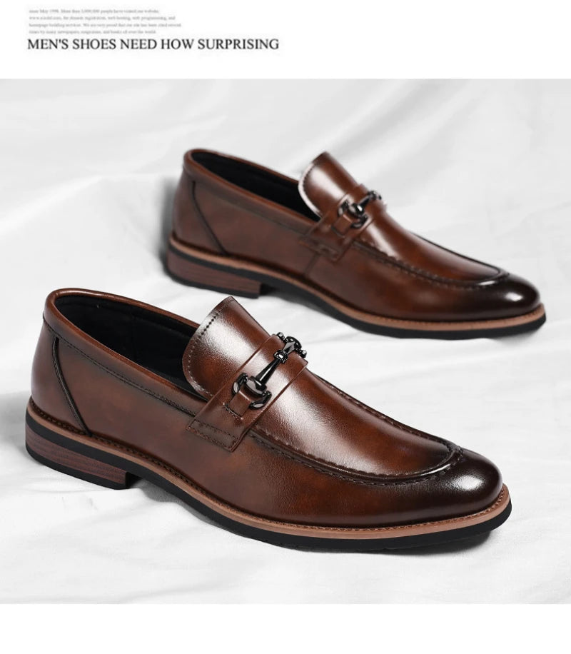 Mens Brown Burnished Genuine Leather Horsebit Loafers Slip On Formal Business Office Wedding Groom Daily Wear Shoes Simple New