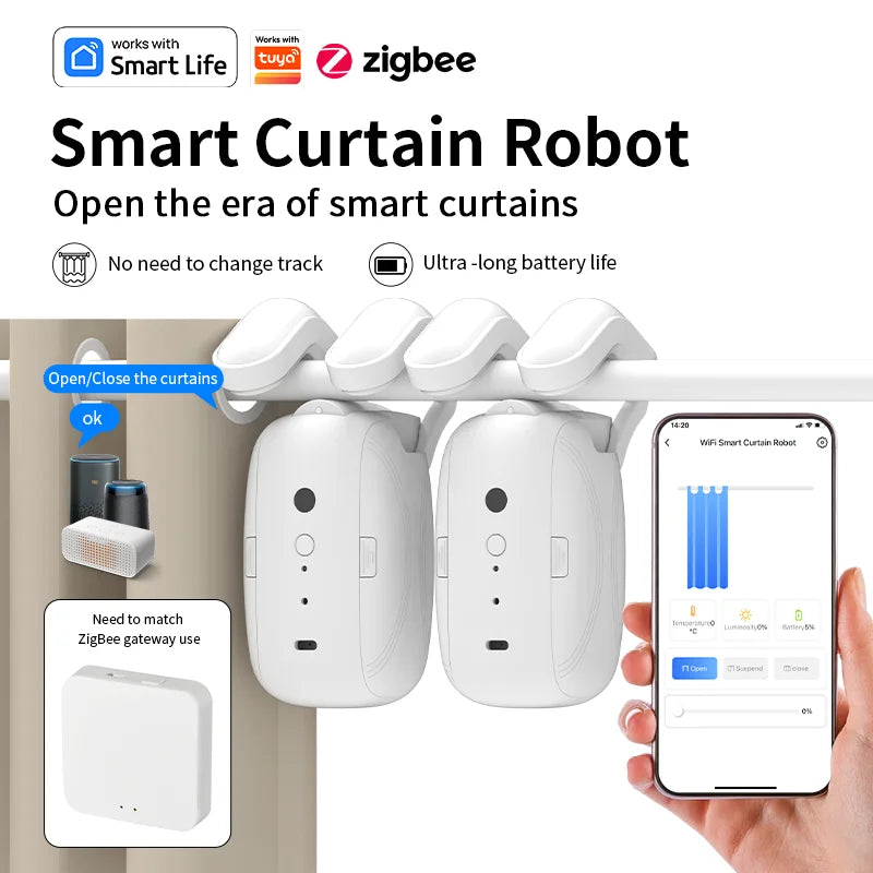 Tuya Smart Zigbee Curtain Motor with Hooks for Rome Track Smart Curtain Pusher Robot Support Siri Google Home AlexaVoice Control