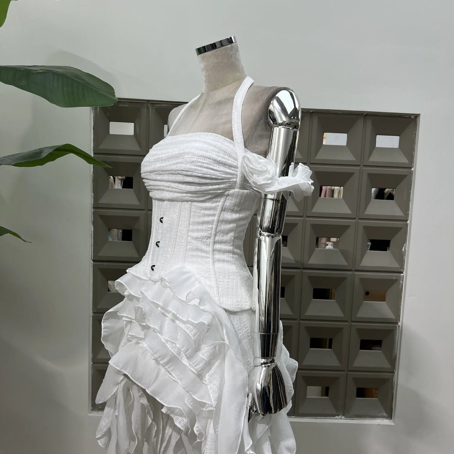 DFDG Hanging Neck High-quality Long Skirt Irregular Design Solid Color 2025 Summer New Women's Waist Cinching Slimming Dress