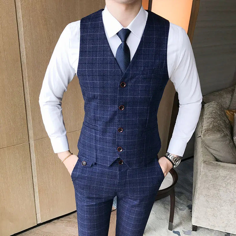 ( Vest + Pants ) 2Pce Set Mens Fashion Plaid Slim Casual Business Suit Vest Pants Groom Wedding Dress Formal Waist Coat Trousers