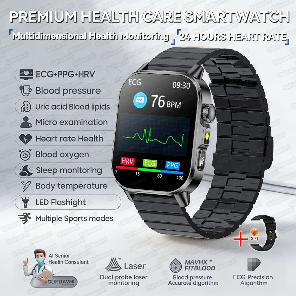 New Professional Health Watch Blood Pressure 2.01"AMOLED Screen Uric Acid Blood Lipids Flashlight Care Smart Watches for Women
