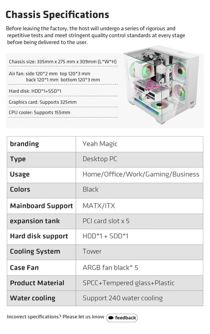 Yeah Magic CUBE MATX PC Case 270° Panoramic View Ultra-Clear Triple-Glass Showcase Design Supports up to 5 Fans オフィス＆ゲーミング PCケース