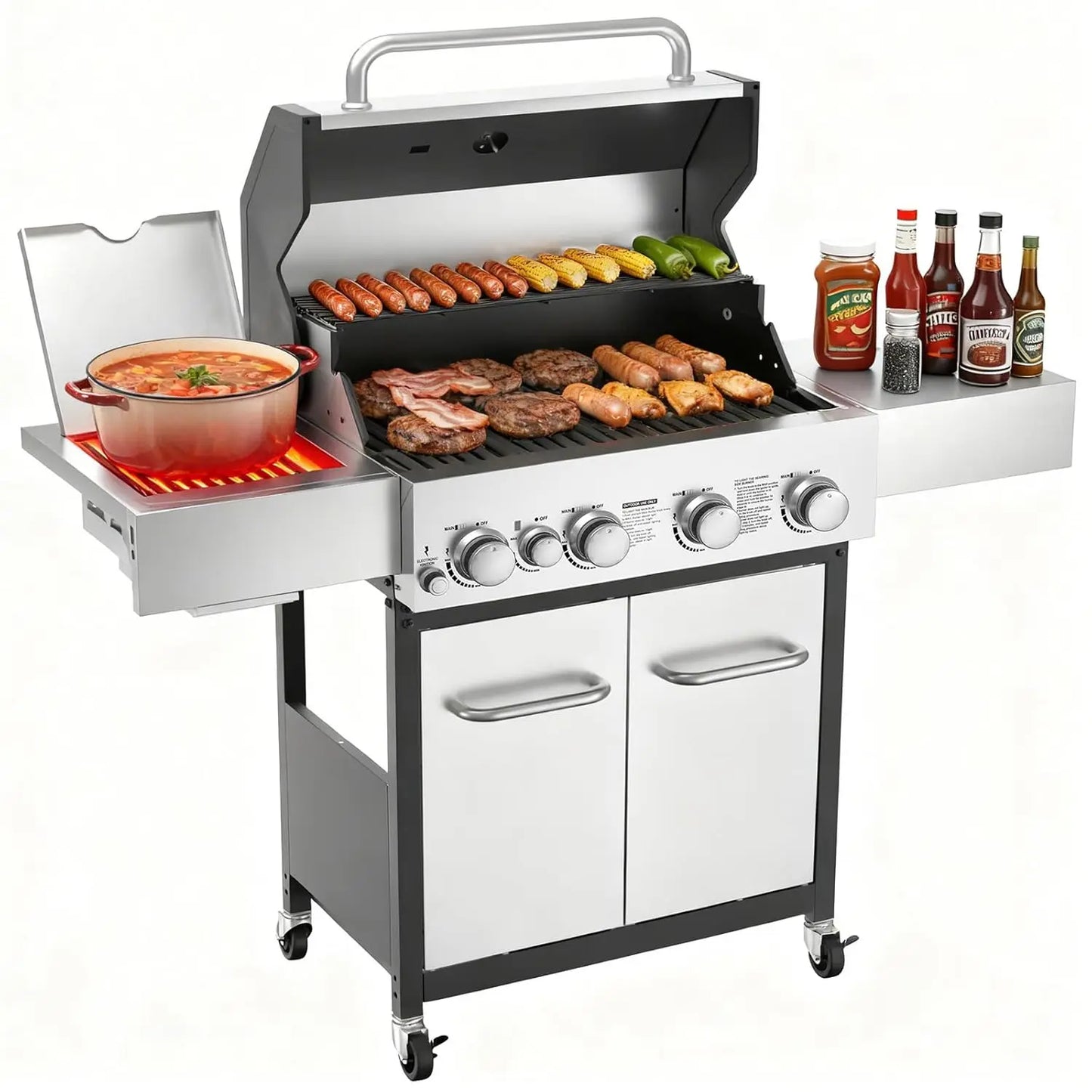 4 Burner Gas Grill with Side Burner, 4 Burner Outdoor Cooking Grill with Infrared Side Burner, Outdoor BBQ Grill, Customized