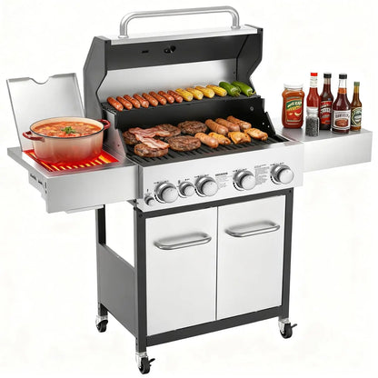 4 Burner Gas Grill with Side Burner, 4 Burner Outdoor Cooking Grill with Infrared Side Burner, Outdoor BBQ Grill, Customized