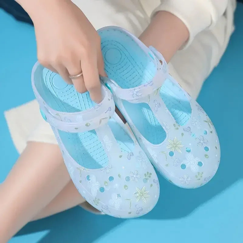2025 Summer Printed Hole Shoes Women Sandals Ladies Jelly Shoes Cool Slippers Women Outer Wear Ladies Covered Toe Sandals 36-41