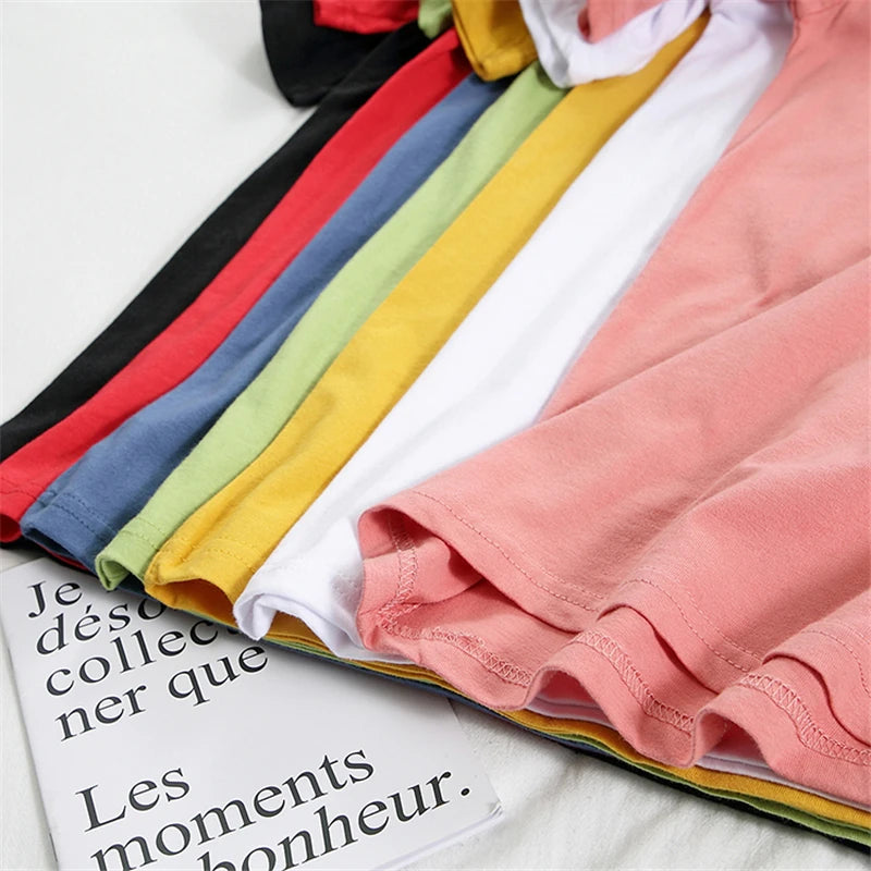 Women Cotton T-Shirt Summer Oversized Solid Tees Candy Color Loose Tops