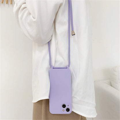 Crossbody Necklace Lanyard Cord Strap Liquid Silicone Case For iPhone 17 16 15 13 11 12 14 Pro Max XS XR X Plus Soft Candy Cover