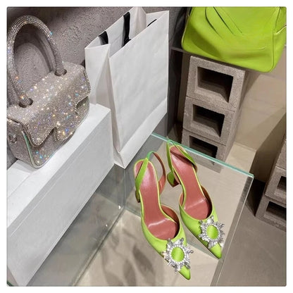 2025 European and American Women's New Silk Sunflower Crystal Diamond Buckle High Heels Horseshoe Heel Women's Sandals