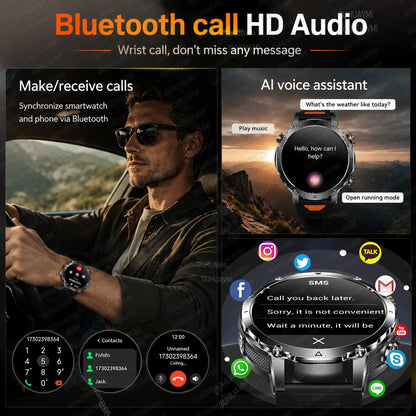 2026 New Military 1400mAh Battery Smart Watch Men Outdoor Flashlight 10ATM Waterproof Heart Rate Bluetooth Call Sports Bracelets