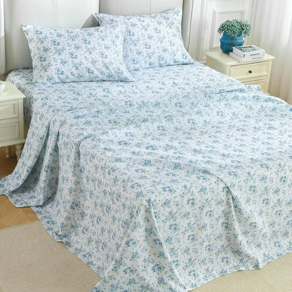 Queen Size 4-Piece Sheet Set, Soft Breathable Bedding with Deep Pocket Up to 16", Wrinkle-Free & Cooling - Blossoms Light Blue