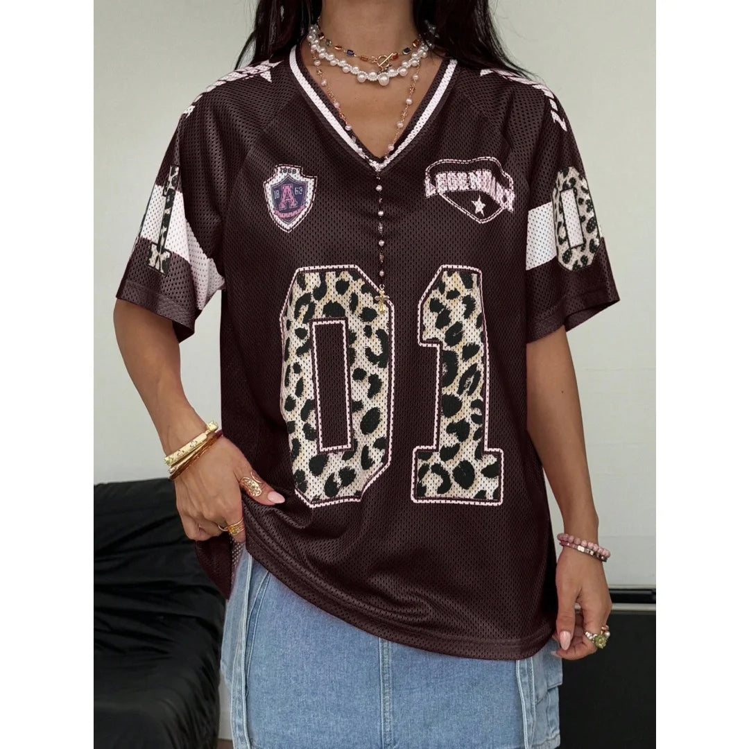 Women's Summer Going Out Streetwear Y2K Leopard Print Number Graphic Jersey Short Sleeve V Neck T Shirt Sporty Casual Tops
