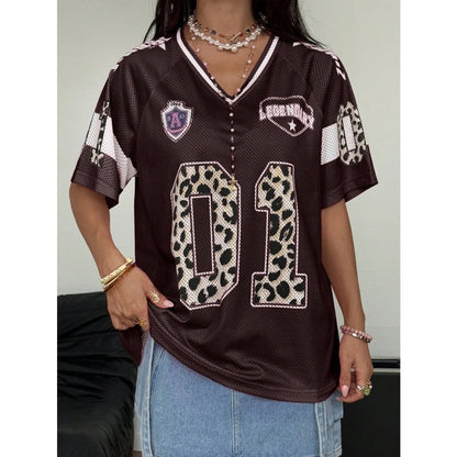 Women's Summer Going Out Streetwear Y2K Leopard Print Number Graphic Jersey Short Sleeve V Neck T Shirt Sporty Casual Tops
