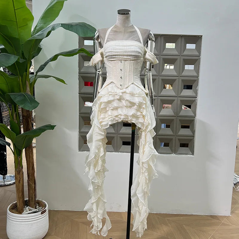 DFDG Hanging Neck High-quality Long Skirt Irregular Design Solid Color 2025 Summer New Women's Waist Cinching Slimming Dress