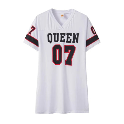 2025 New Fashion V-Neck Queen Letters Print Dress Short Sleeve Basketball Sporty Style Sexy Loose Female Clothing Streetwear