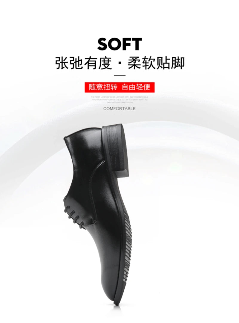 Mens Breathable Leather Dress Shoes Formal Business Footwear Pointed Toe Lace Up Flat Sole Groom Wedding Shoes Simple Leisure
