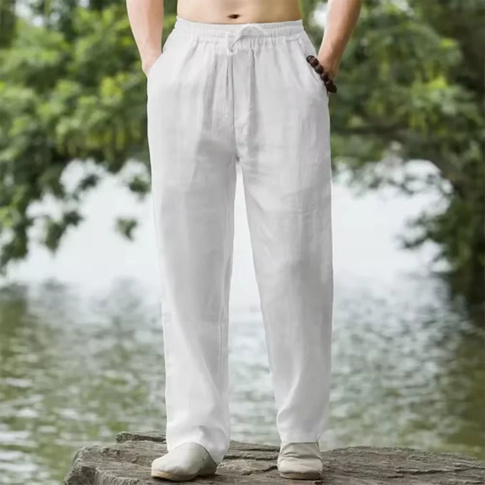 Summer Men's Casual White Linen Pants Elastic Waist Drawstring Loose Fit Beach Trousers