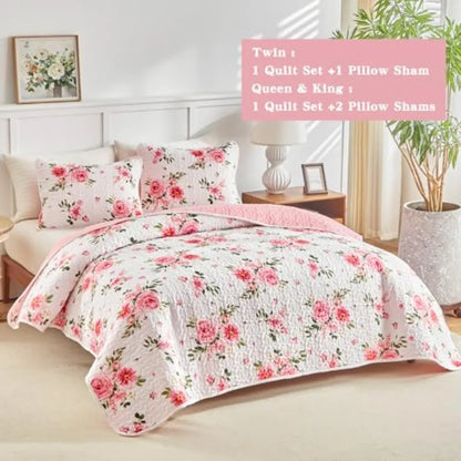 Floral Quilt Set 3 Pieces Queen Size White Pink Flower Soft Microfiber Lightweight Summer Reversible Coverlet Bedspread for All
