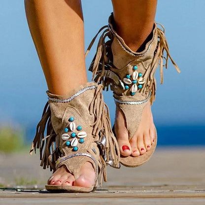 Womens Bohemian Ethinc Style Clip Toe Sandals Summer Breathable Tassel Flat Shoes Comfortable Vacation Beach Sandals Zapatos