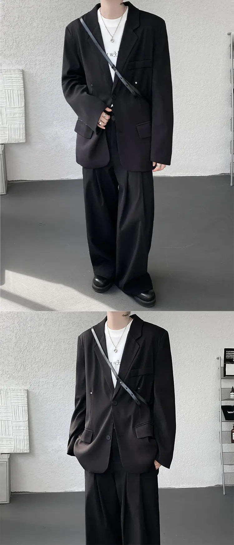 Casual suit set Men Loose fitting 2 piece suit Shoulder pads Trend Streetwear Korean 2025 NEW suit jacker+suit pants