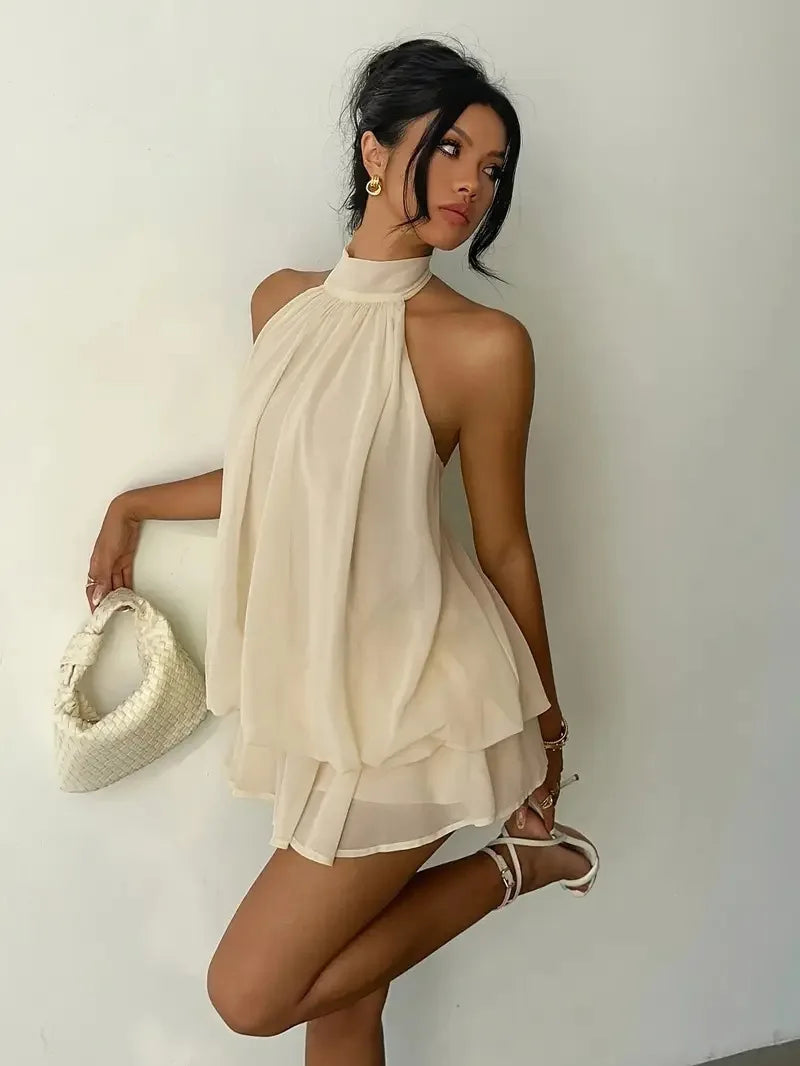 2026 Women's Elegant Halter Neck Sleeveless Ruffled Layered Chiffon Mini Dress Casual Summer Party Dress for Beach Vacation Y2K