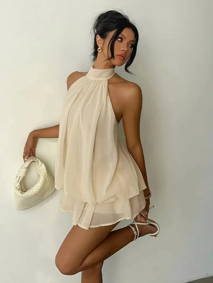 2026 Women's Elegant Halter Neck Sleeveless Ruffled Layered Chiffon Mini Dress Casual Summer Party Dress for Beach Vacation Y2K