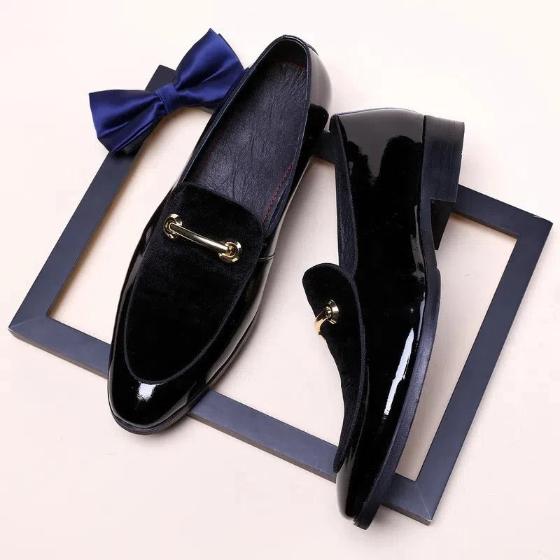Mens Formal Navy Blue Velvet Patent Leather Loafers With Gold Horsebit Accent Flat Heel Comfortable Non Slip Breathable Business