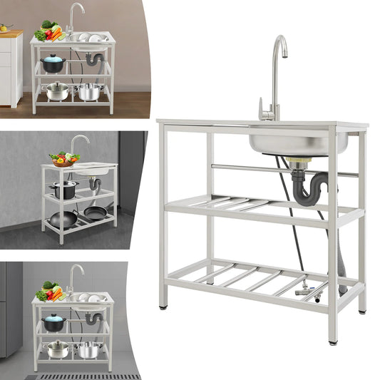 Stainless Steel Freestanding Outdoor Kitchen Sink with Faucet Worktable and Storage Rack Cold Hot Water Adjustable Feet
