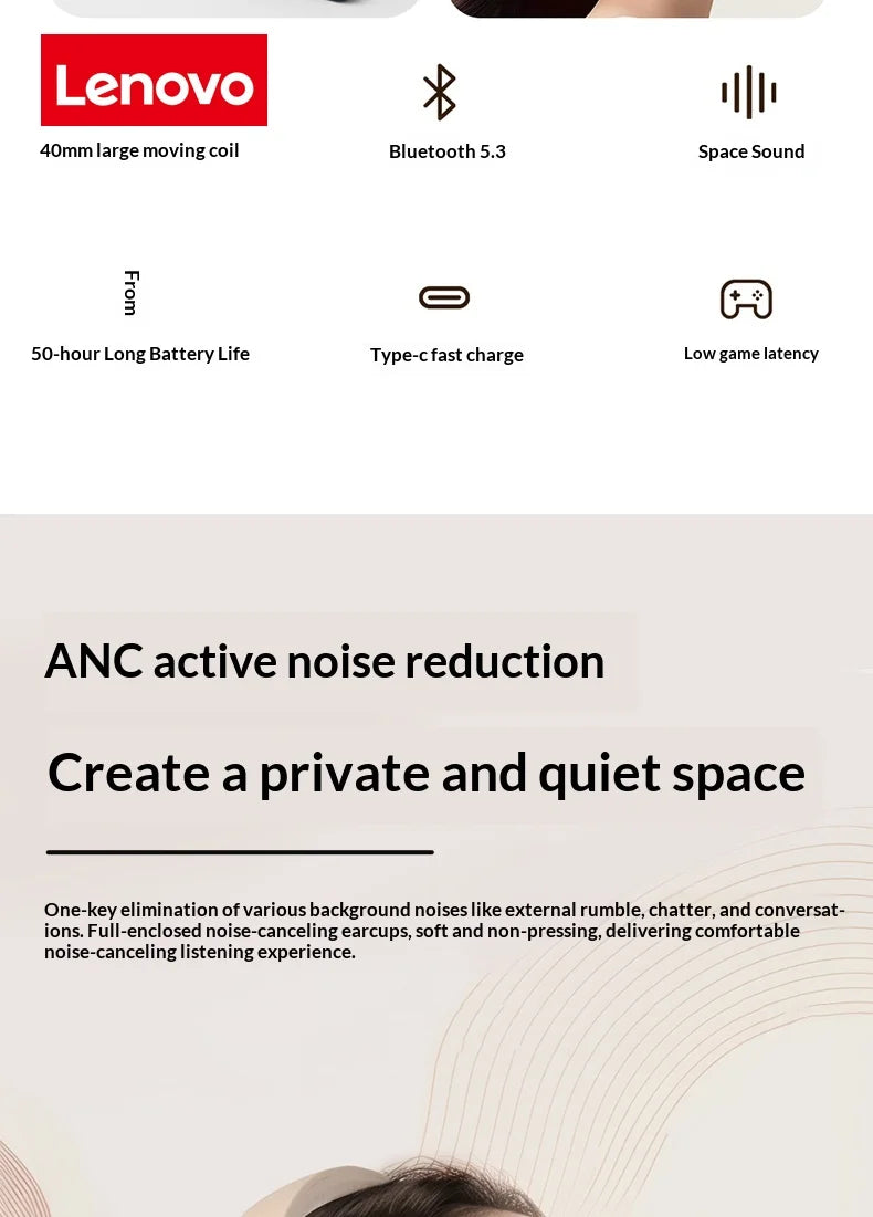 Lenovo Original Bluetooth 5.3 Earphones Over-ear Foldable Computer Wireless Headphones Gaming Headset 360° Stereo Sound Headset
