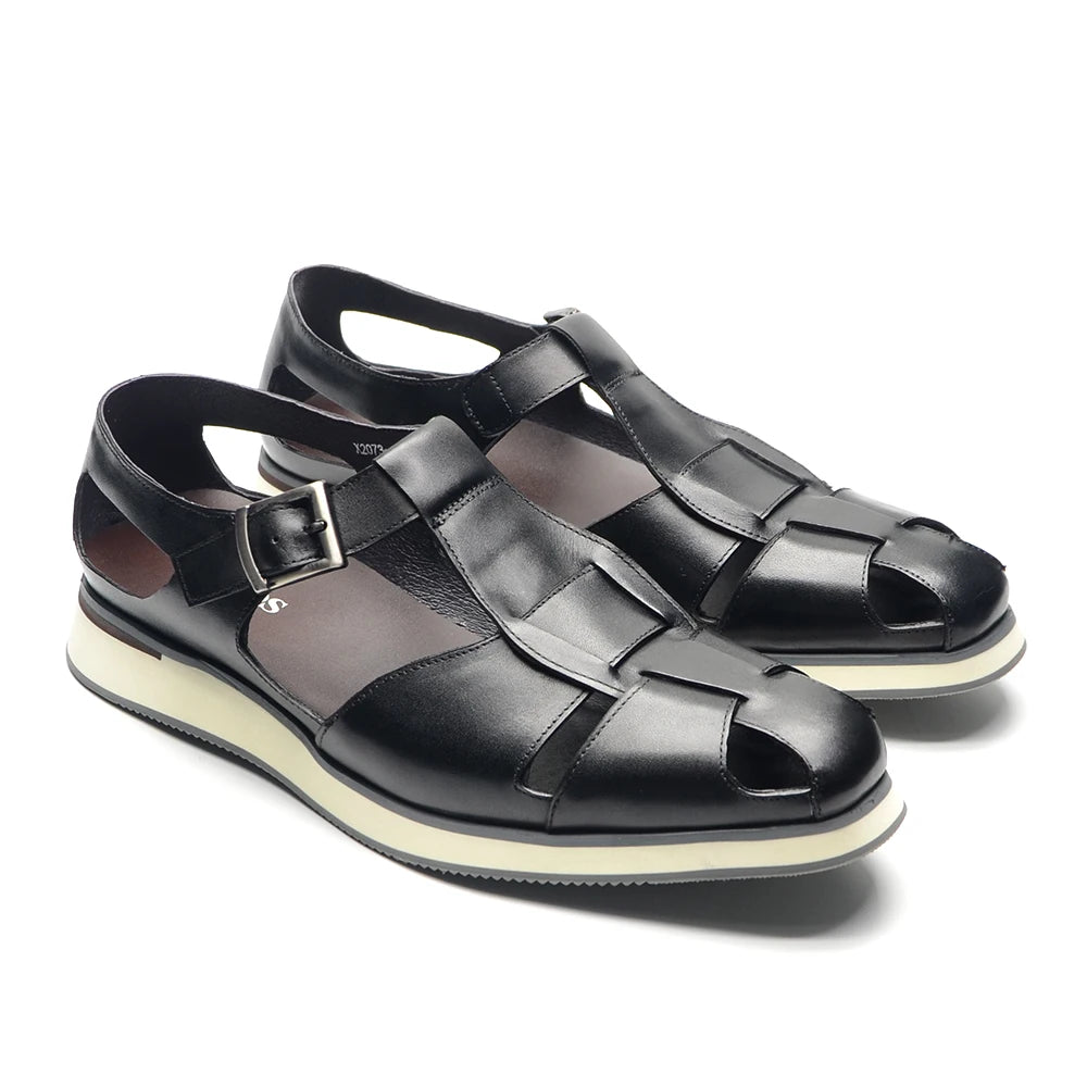 XEBOS Men's Sandals Genuine Leather Cowhide Summer Outdoor Flat Shoes Casual Sneakers Buckle Strap Black Brown Male Footwear